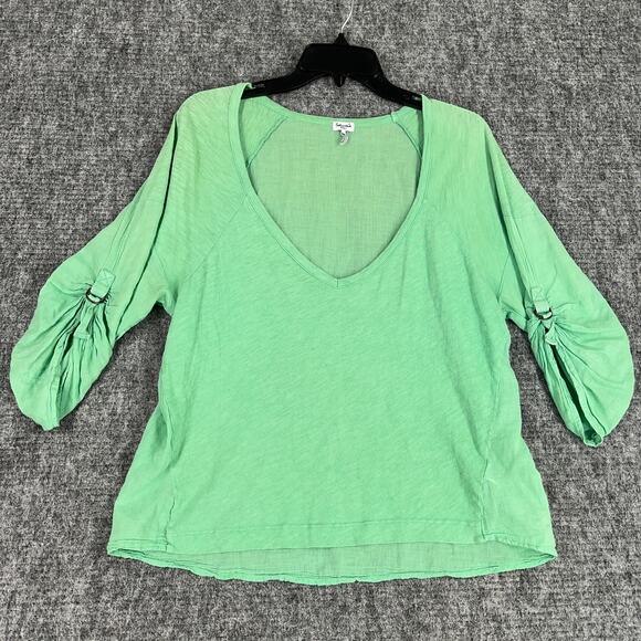 Spendid Blouse Womens Small Green Linen V‎ neck Minimal Cottage Business Casual - Picture 1 of 7